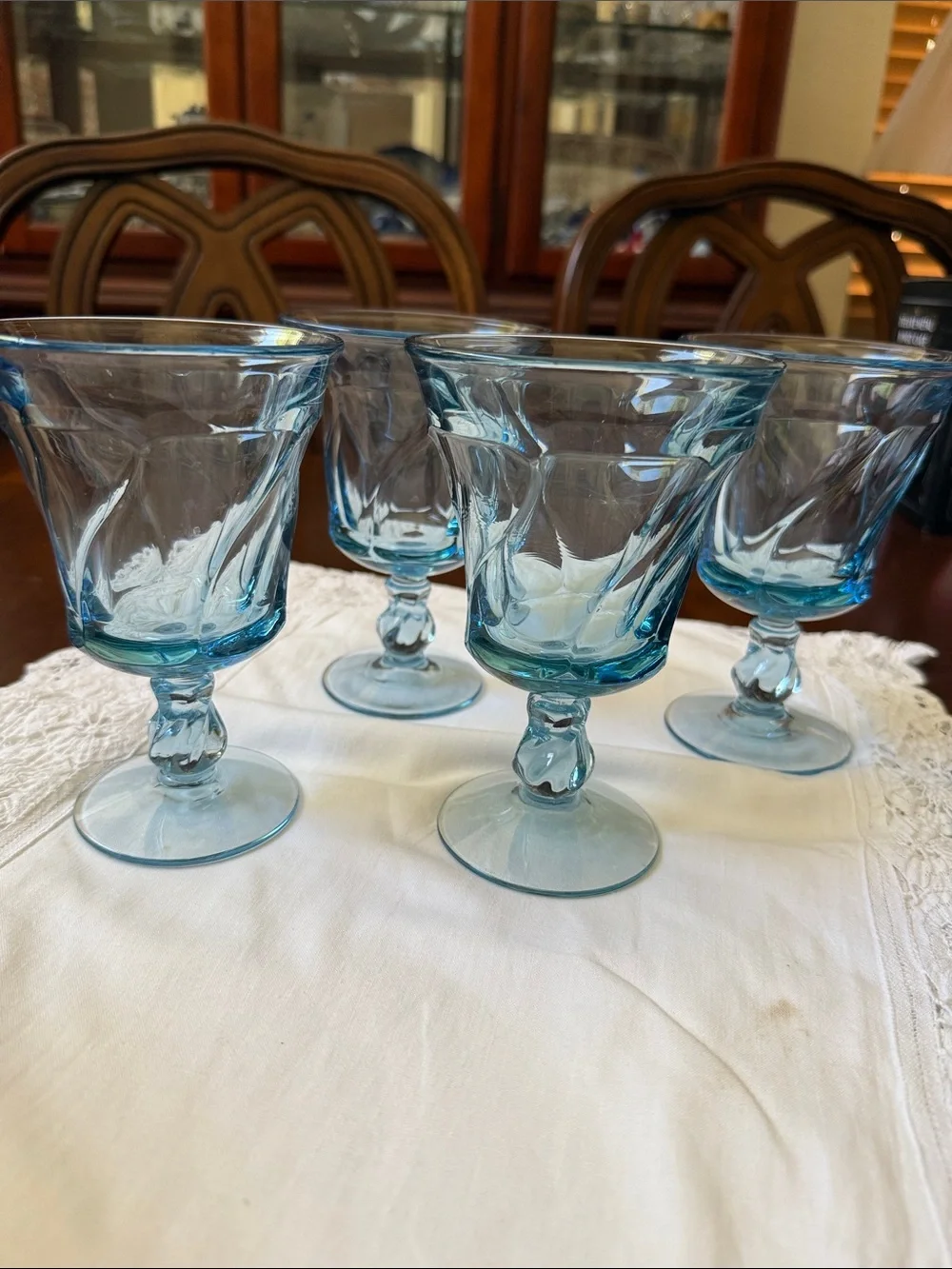 Vintage set of 4 Fostoria Jamestown Blue Stemmed soda sandae footed Glass
